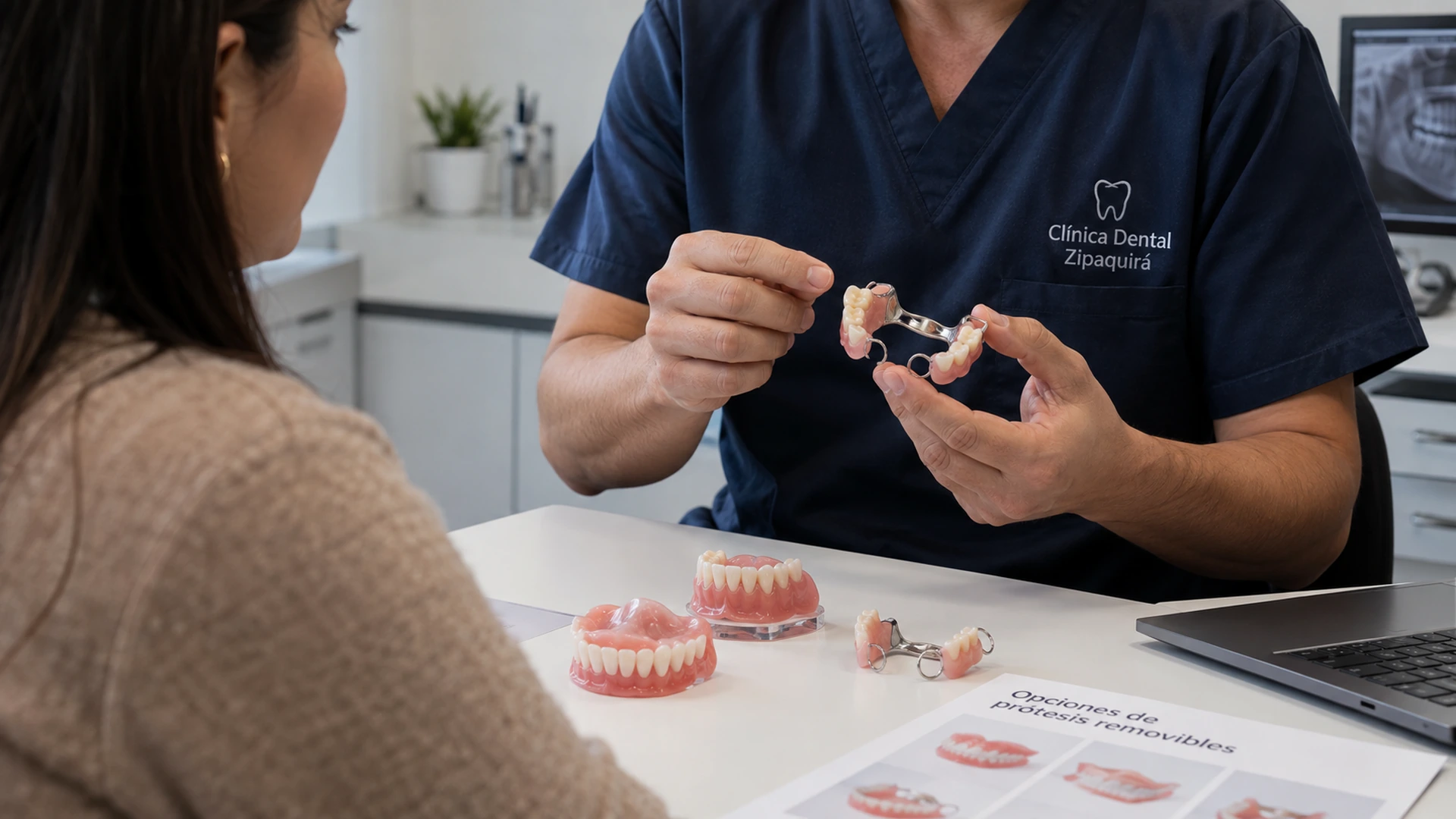 Orientación ilustrativa sobre opciones de prótesis removibles durante una consulta dental.