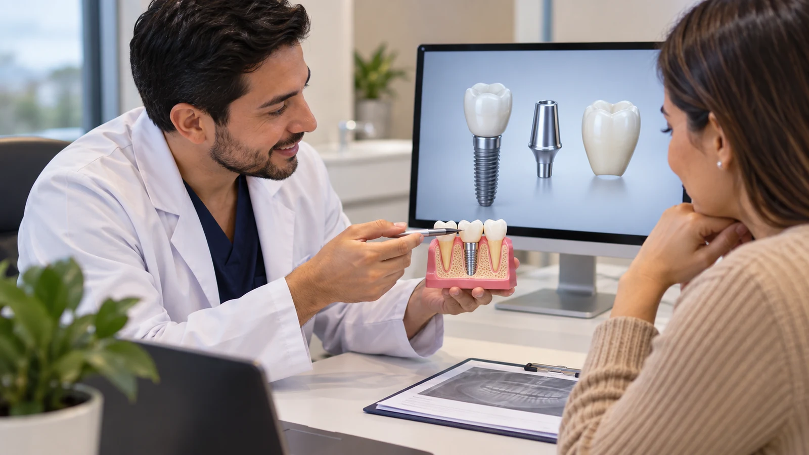 Odontóloga explicando el precio y la planificación de un implante dental a un paciente en Zipaquirá