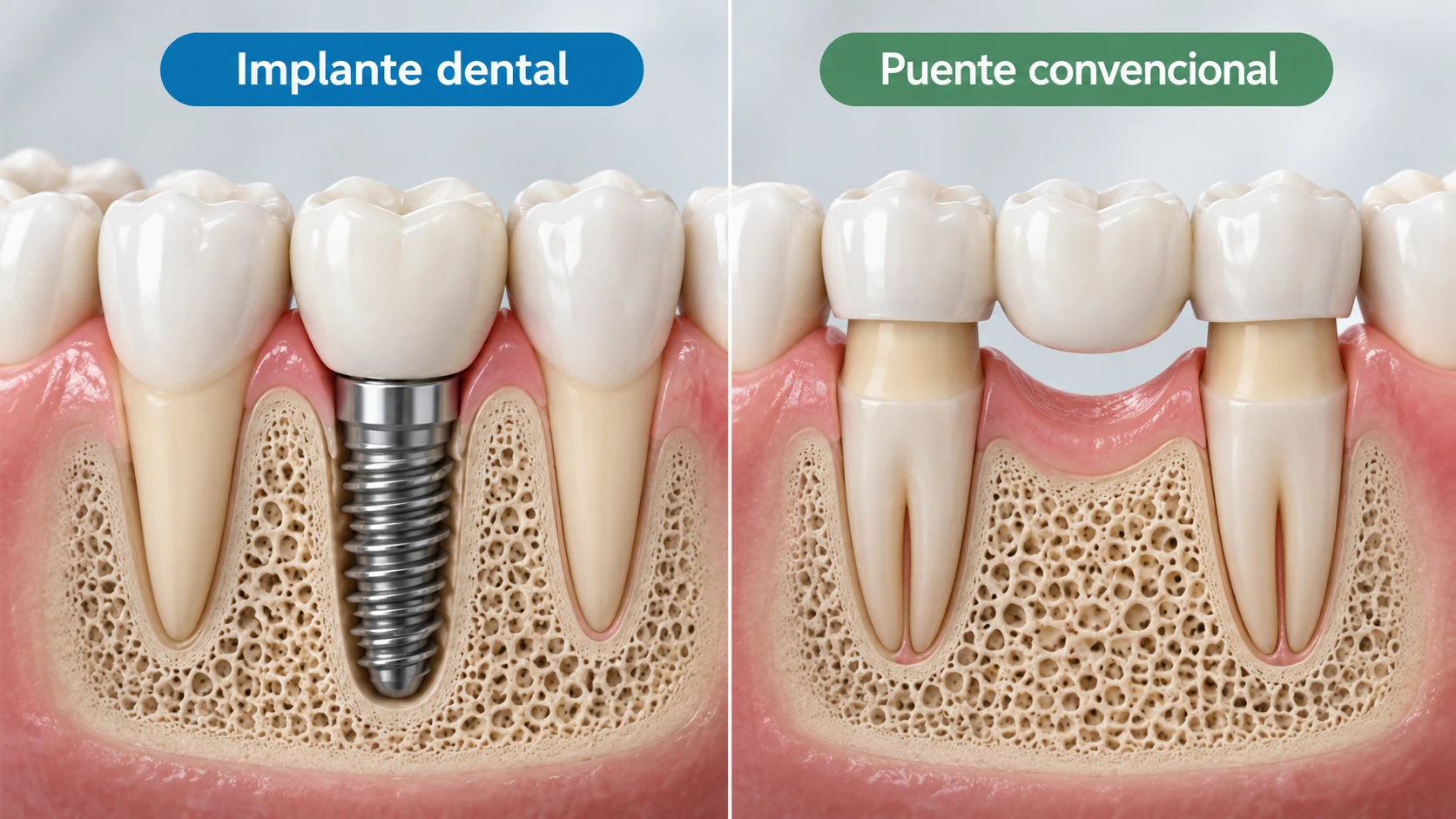 Implante dental o puente Comparación visual entre el soporte de un implante dental y un puente dental convencional