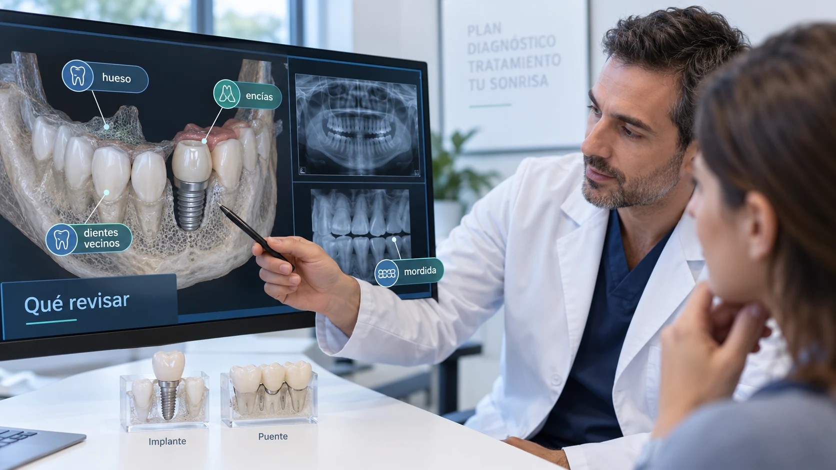 Implante dental o puente Valoración dental revisando hueso, encías, dientes vecinos y mordida antes de elegir una rehabilitación