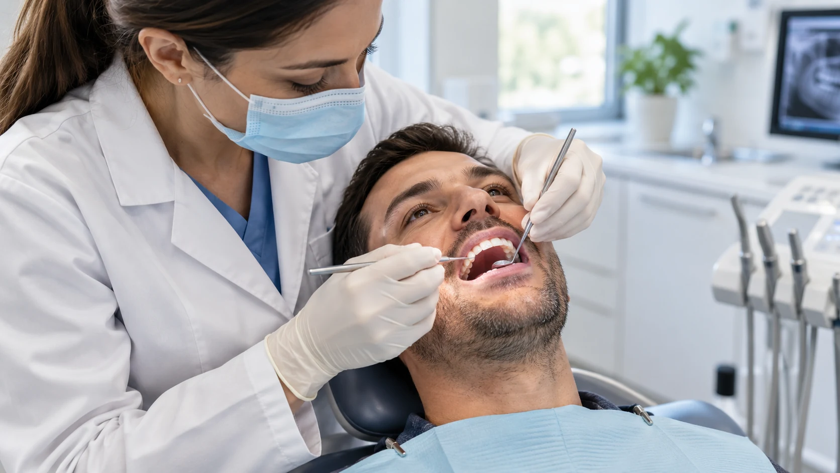 Profesional odontológica realizando una evaluación periodontal