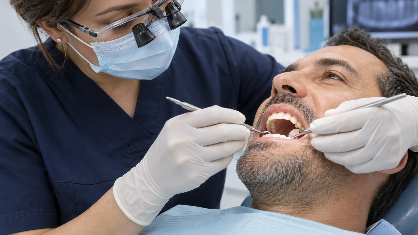 Profesional odontológica realizando instrumentación periodontal
