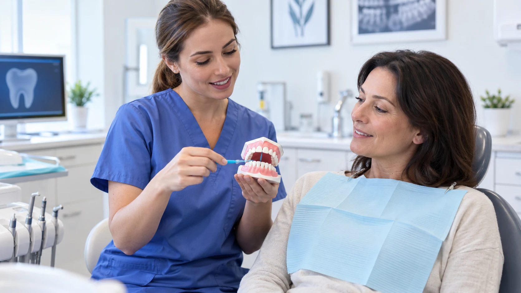 Profesional explicando higiene interdental con un modelo dental
