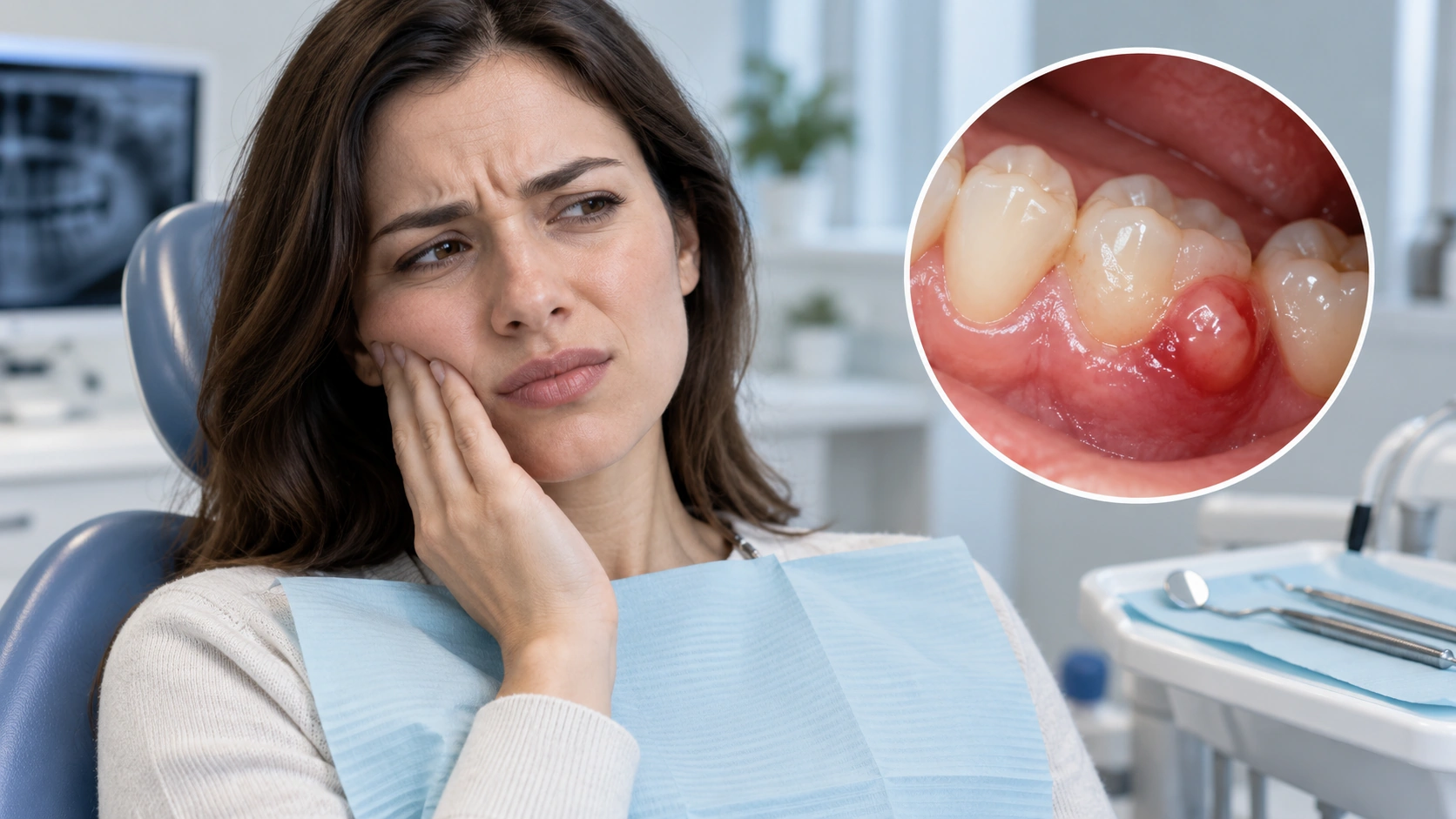 Persona con dolor dental en consulta junto a una referencia visual de inflamación en la encía.