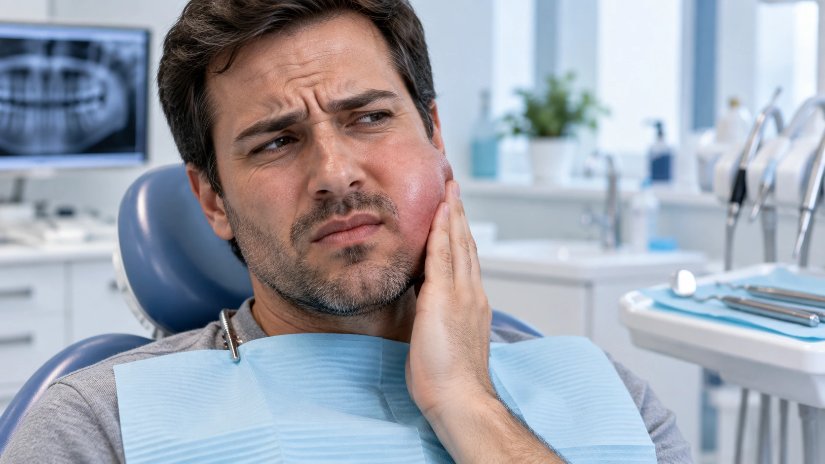 Persona con dolor e inflamación facial durante una consulta odontológica.