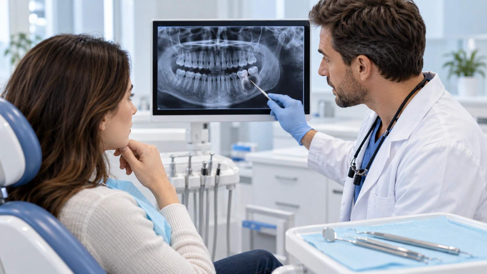 Profesional dental revisando una radiografía con una paciente durante la valoración.