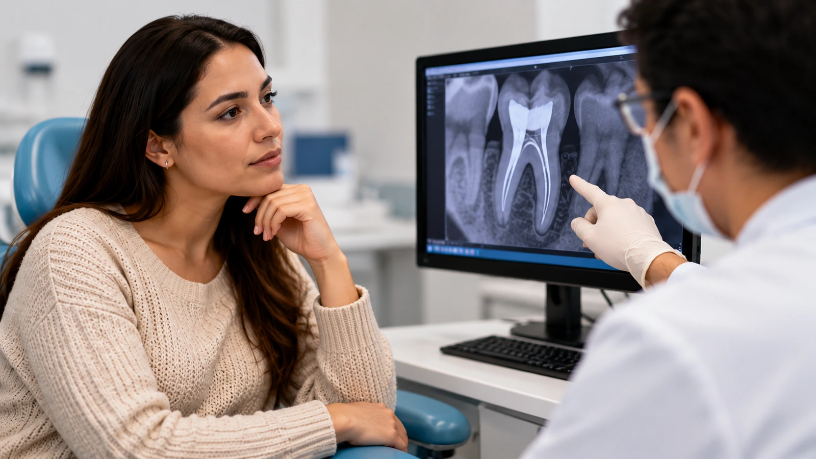 Paciente revisando una radiografía dental durante una valoración de endodoncia