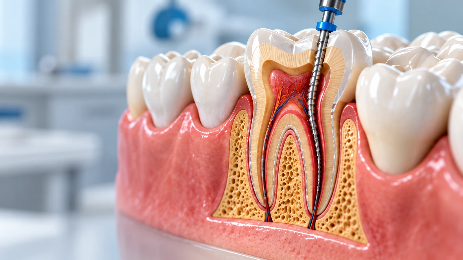 Modelo dental en corte que muestra el interior de un molar durante un tratamiento de conductos