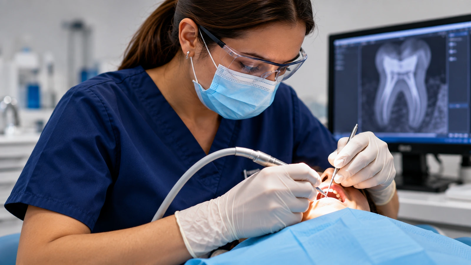 Profesional dental realizando un tratamiento de conductos con apoyo de una imagen radiográfica