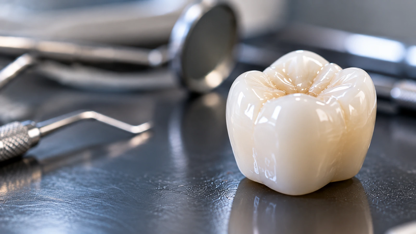 Corona dental sobre instrumental clínico como ejemplo de una restauración posterior a una endodoncia