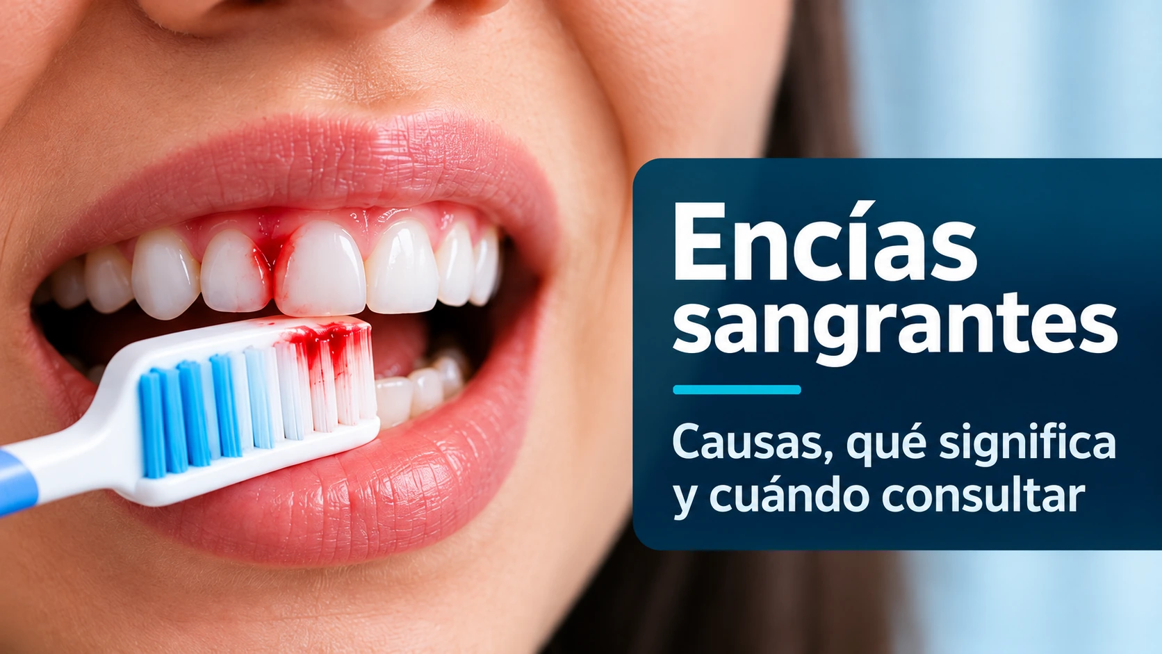 Cepillado dental con sangrado leve visible en el margen de la encía