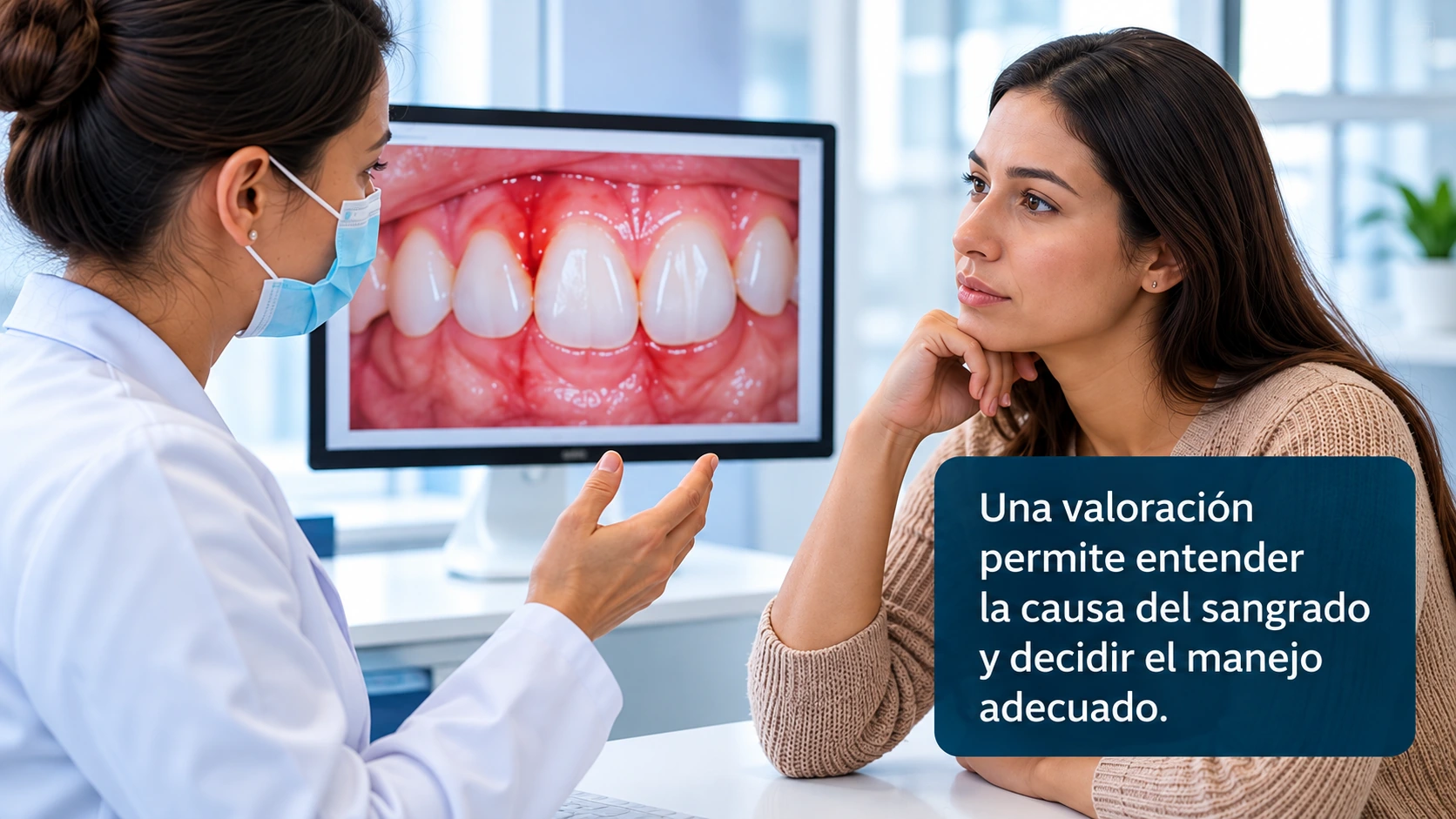 Profesional odontológica explicando a una paciente la evaluación del sangrado de las encías