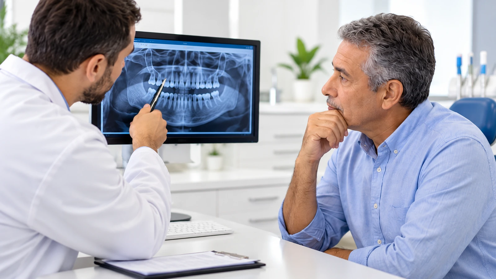 Odontólogo explicando una radiografía panorámica durante una valoración de rehabilitación dental