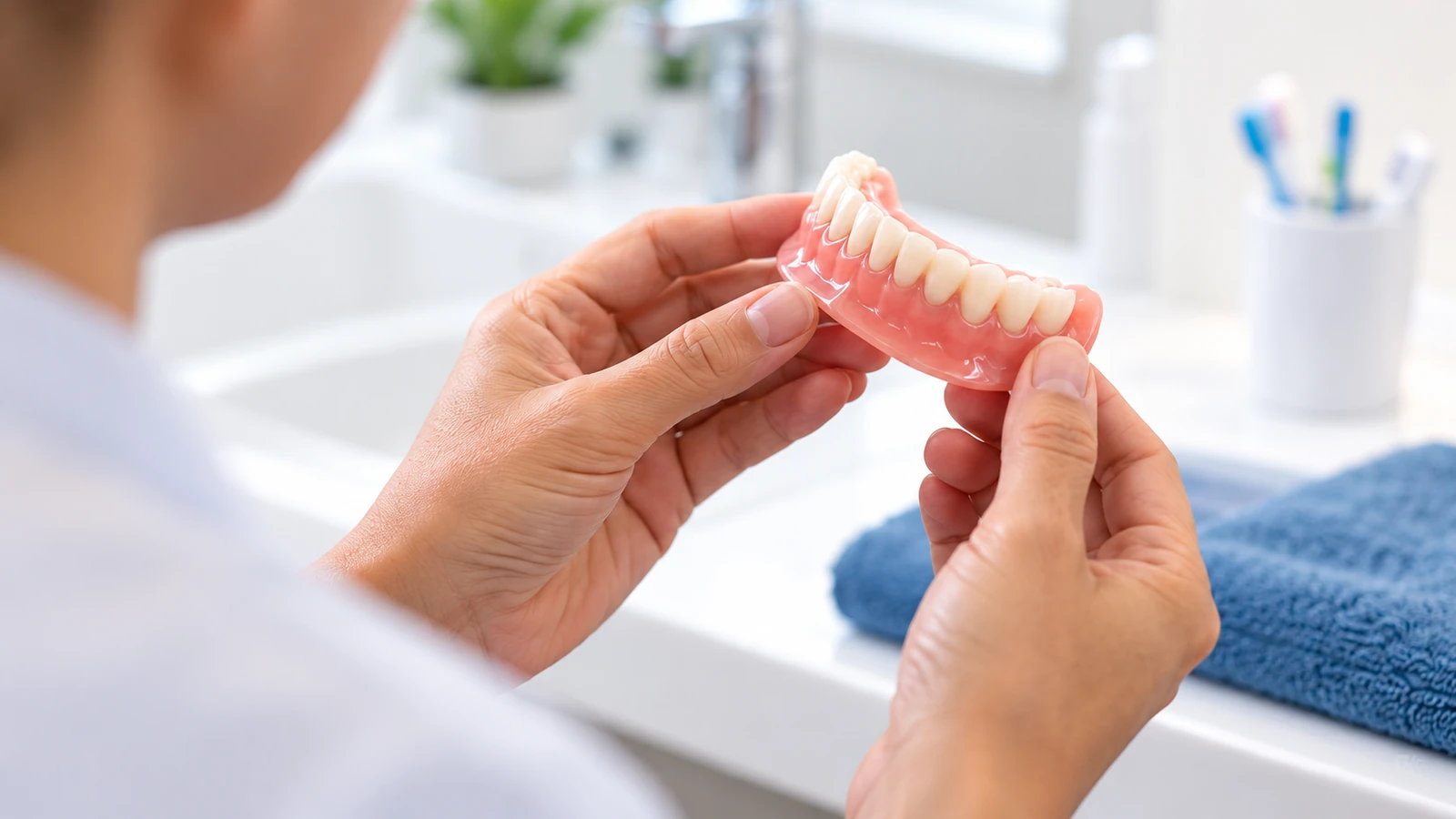 Persona revisando una prótesis dental removible que necesita valoración