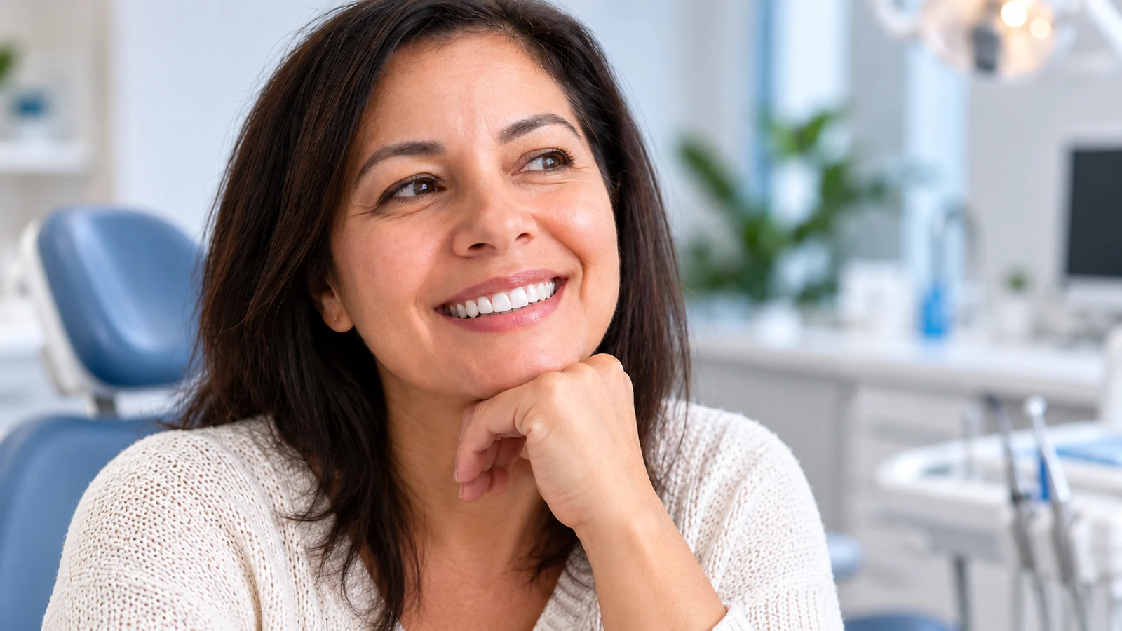 Mujer sonriendo en un entorno de consulta dental