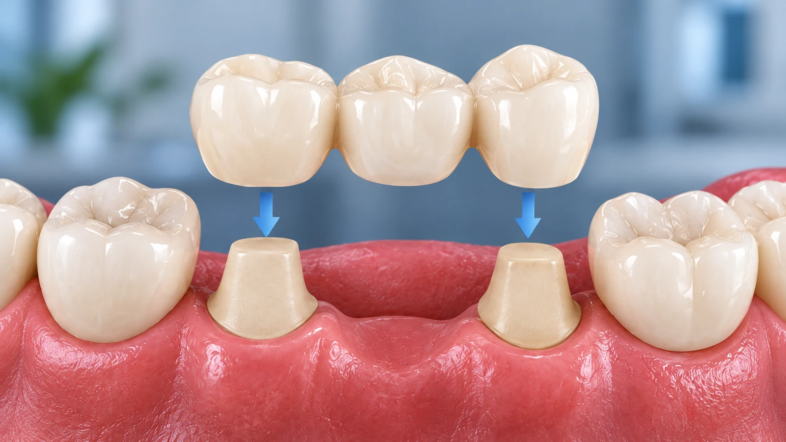 Puente dental de tres unidades sobre dos dientes pilares preparados