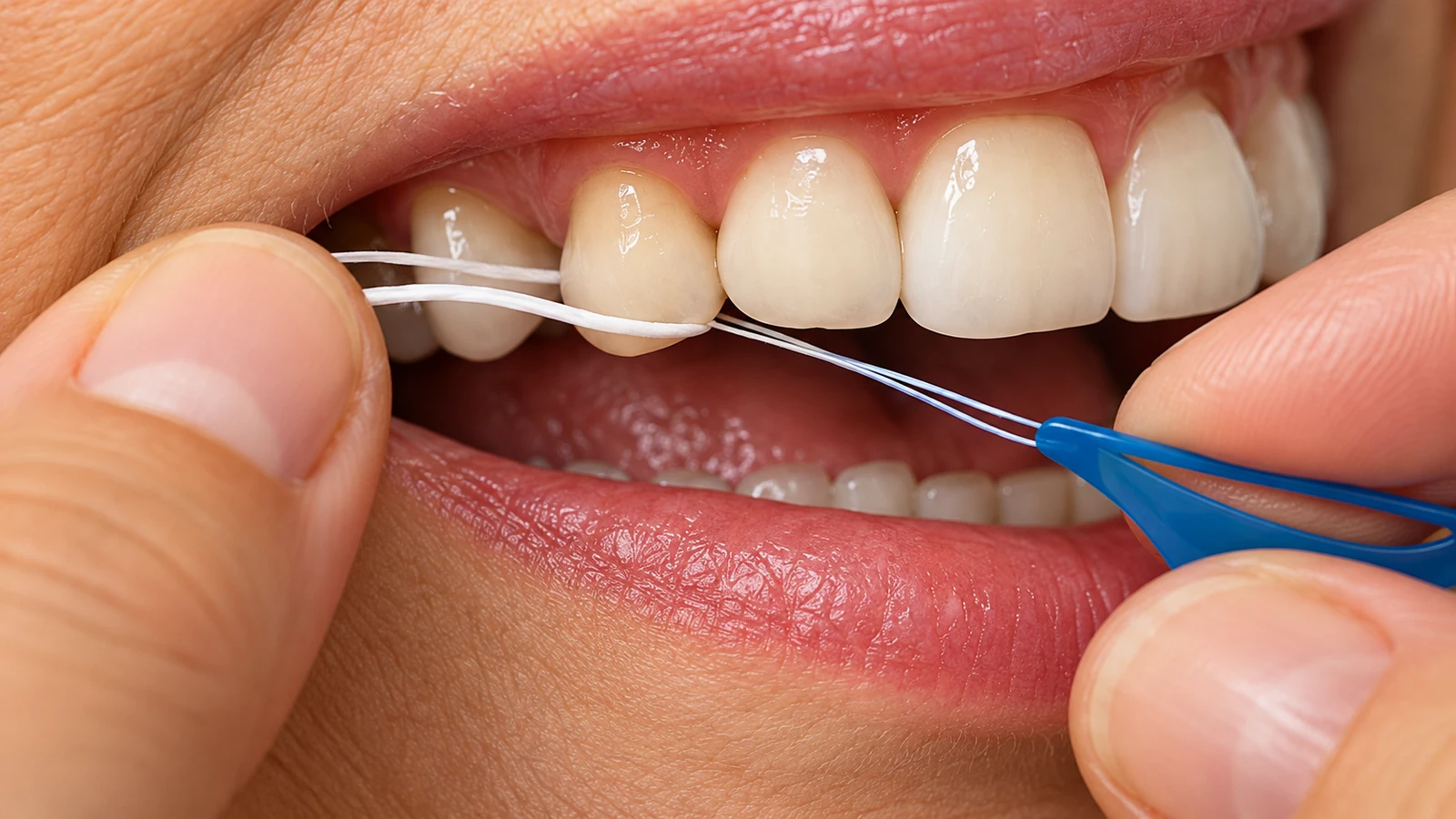 Limpieza debajo de un puente dental utilizando hilo con enhebrador