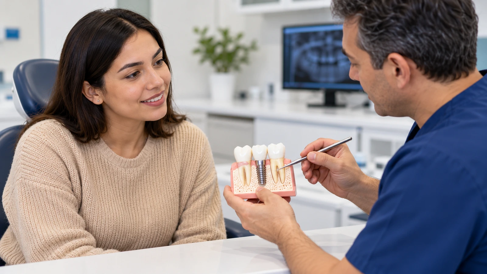 Implante dental paso a paso: etapas, tiempos y qué esperar Paciente conversando con un profesional sobre la planificación de un implante dental