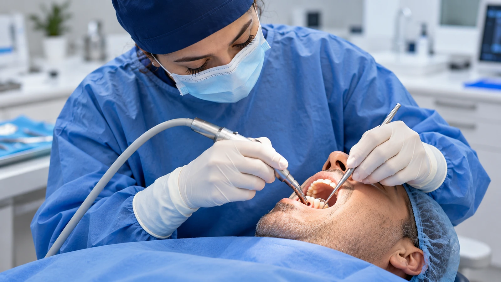 Implante dental paso a paso: etapas, tiempos y qué esperar Profesional realizando una fase clínica de colocación de implante dental