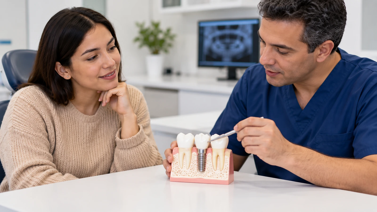 Implante dental paso a paso: etapas, tiempos y qué esperar Profesional explicando un implante dental con un modelo anatómico a una paciente