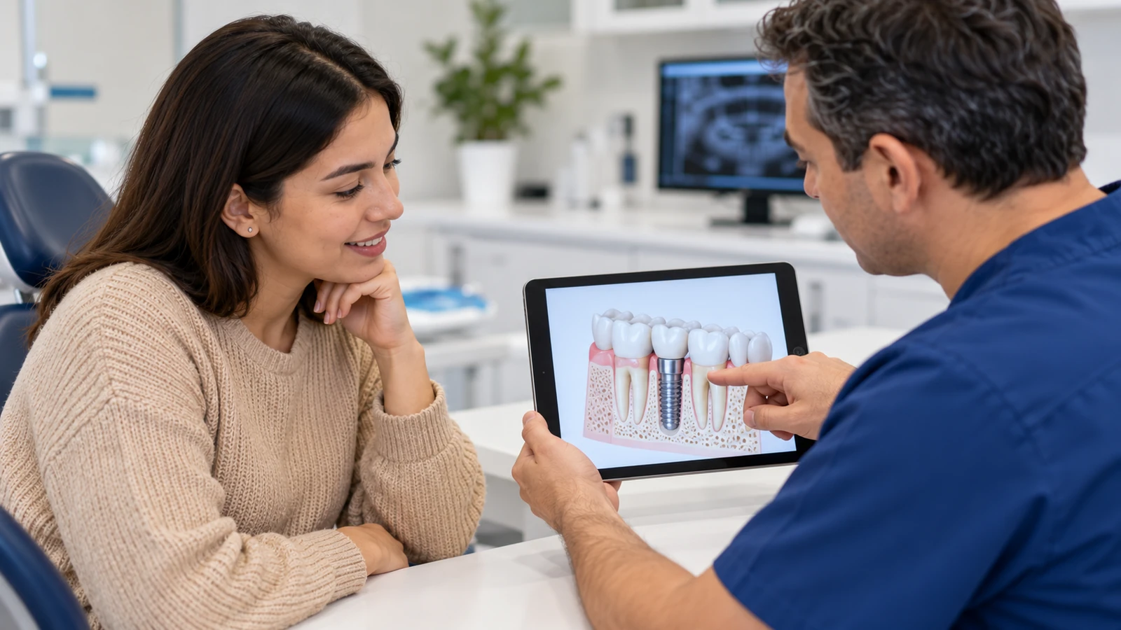 Implante dental paso a paso: etapas, tiempos y qué esperar Paciente revisando con un profesional una imagen educativa de un implante dental