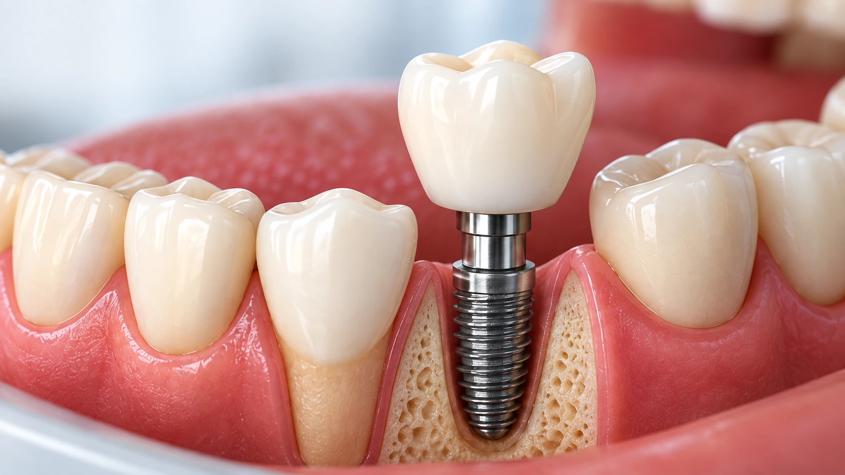Modelo dental con implante y corona como opción para reemplazar un diente perdido