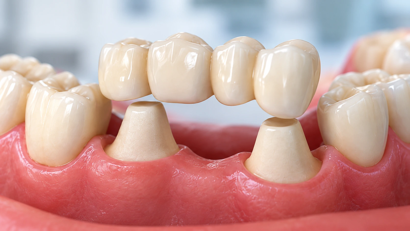 Puente dental fijo apoyado en dientes preparados para reemplazar un espacio