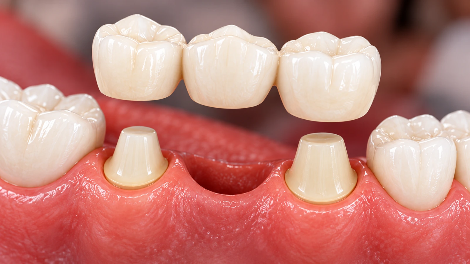 Puente dental de tres unidades sobre dos dientes pilares preparados