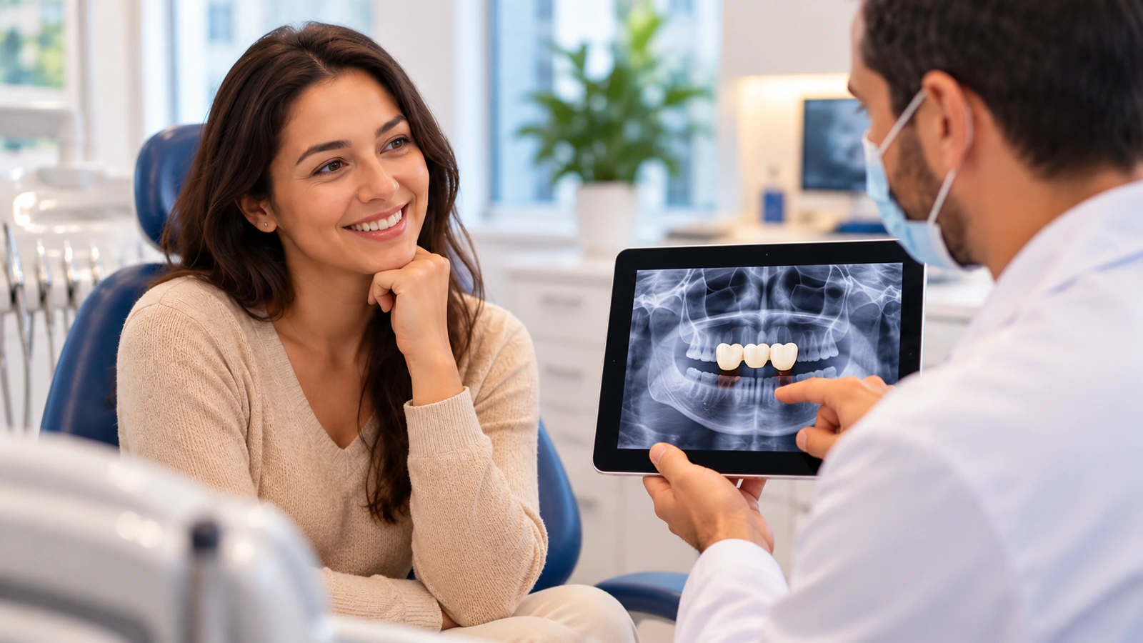 Profesional dental explicando una radiografía y un puente dental durante una valoración