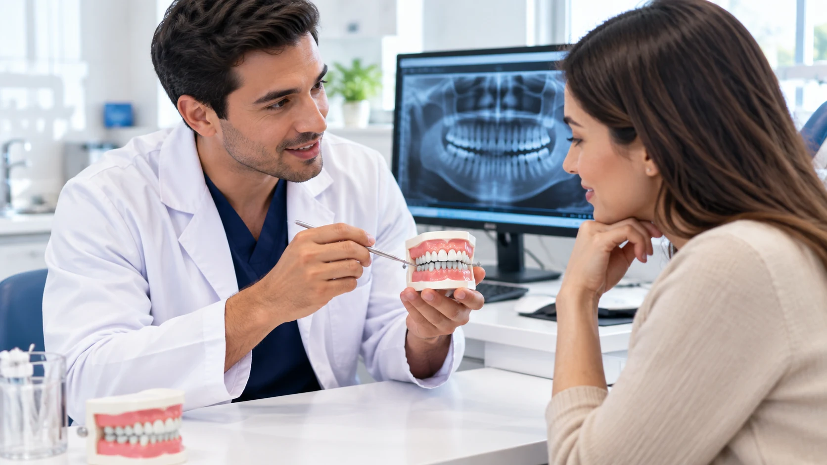 Odontólogo explicando a una paciente el alcance de una limpieza dental antes de comparar presupuestos.