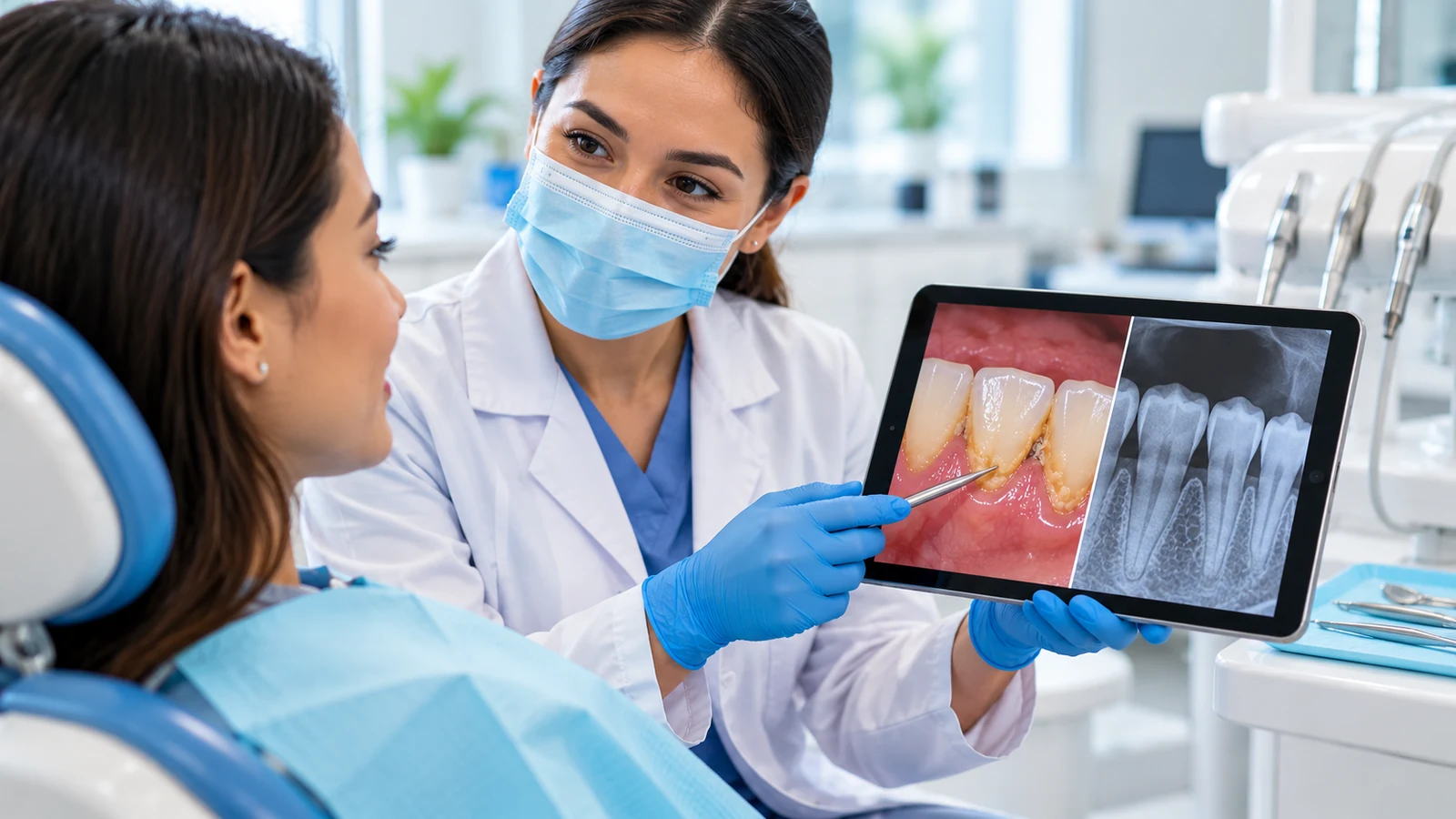 Profilaxis y detartraje dental en Zipaquirá: diferencias, cuándo se necesitan y qué esperar Odontóloga explicando a una paciente los hallazgos antes de definir el procedimiento de limpieza dental.