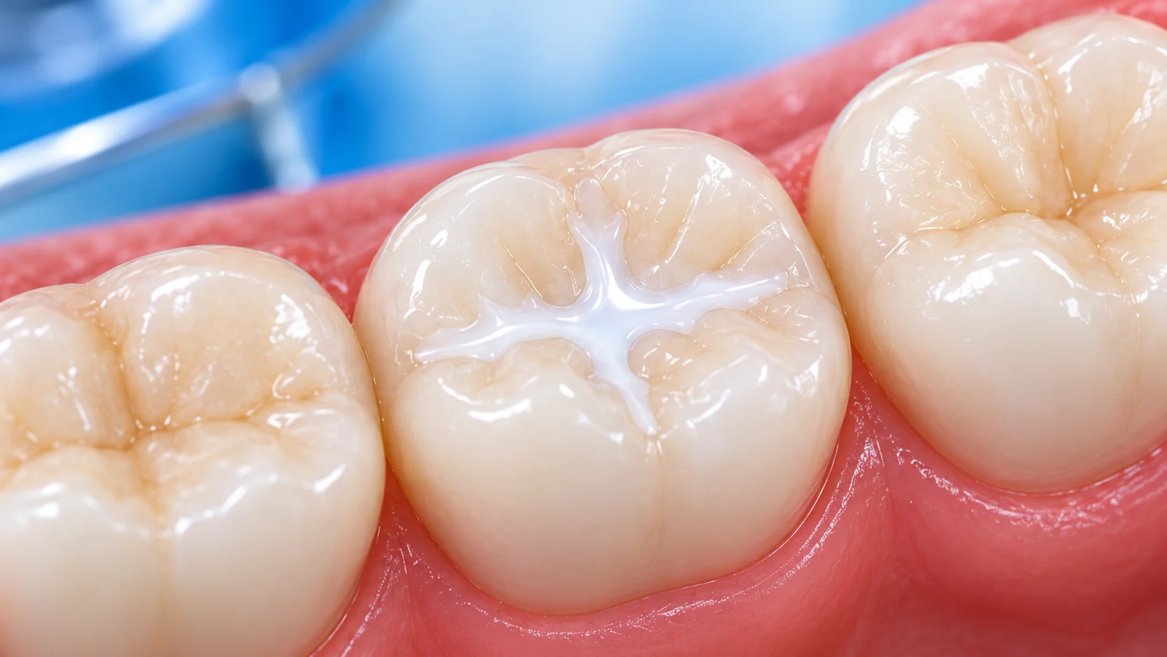 Molar posterior con sellante dental cubriendo fosas y fisuras de la superficie de masticación.