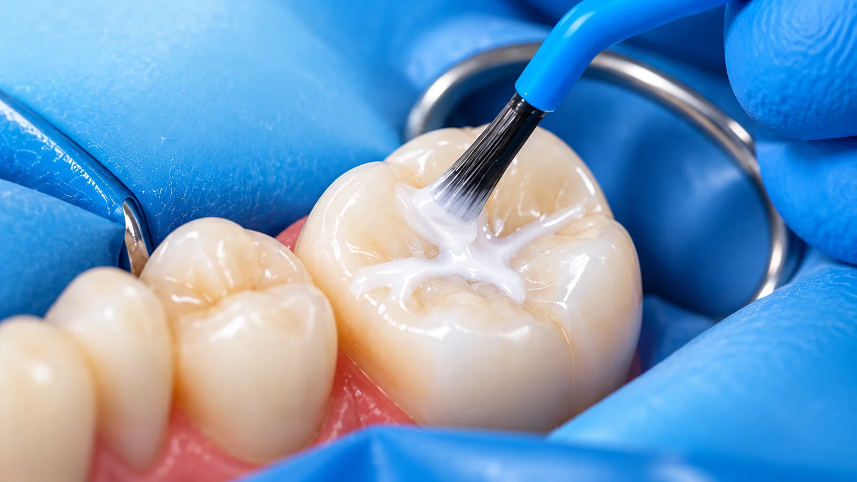 Aplicación de material sellante sobre las fosas y fisuras de un molar posterior.