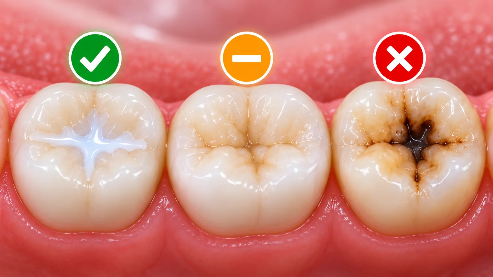 Comparación visual entre un molar sellado, una superficie que puede no necesitar sellante y un molar con caries que requiere otra evaluación.