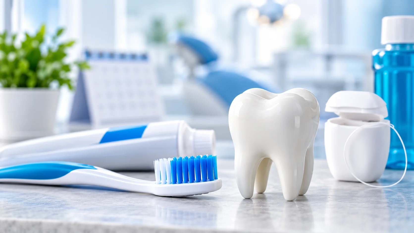 Cepillo dental, hilo dental y elementos de higiene junto a un modelo de diente en un entorno clínico.