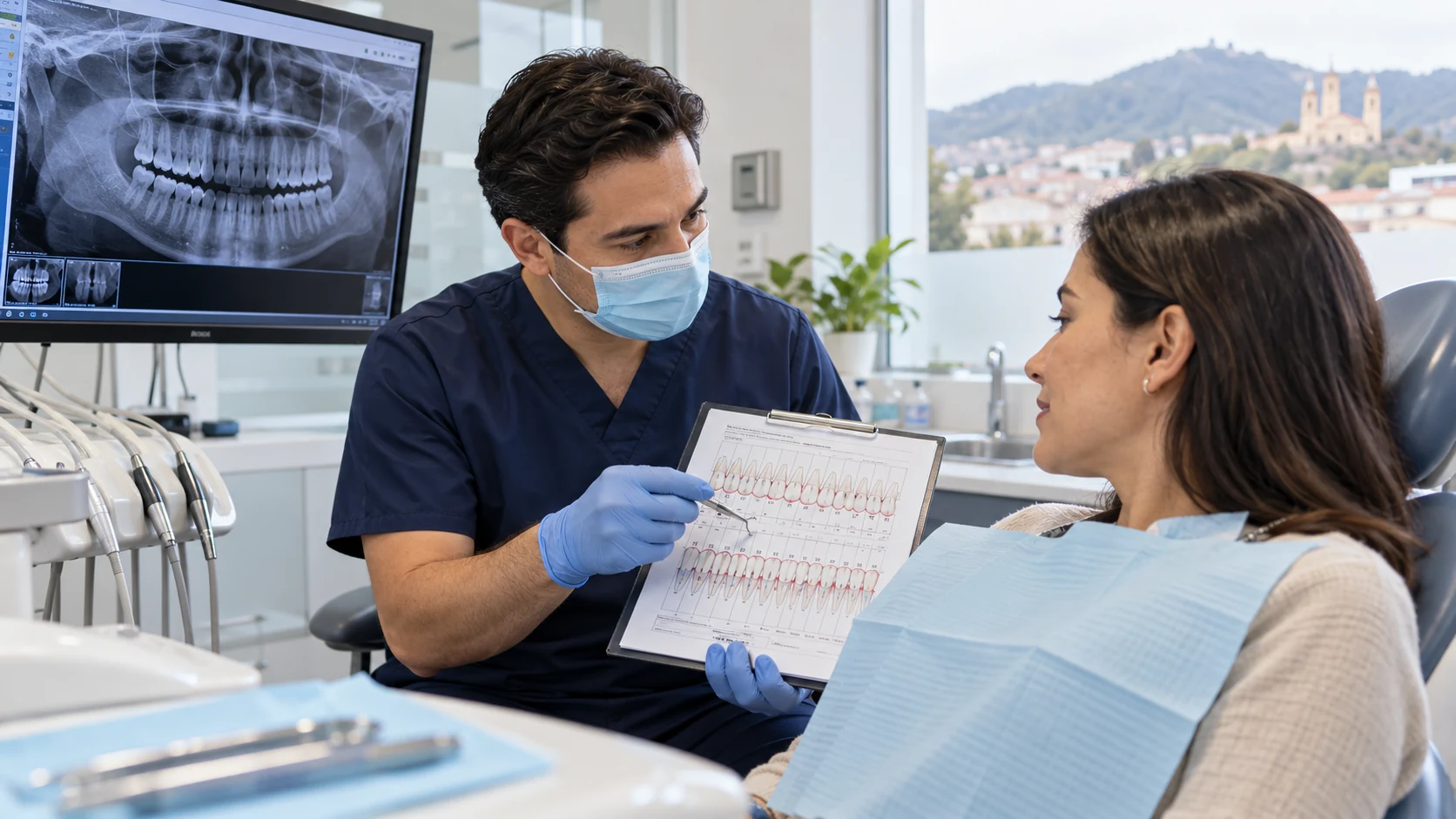 Valoración periodontal con revisión de radiografía y explicación del plan de tratamiento