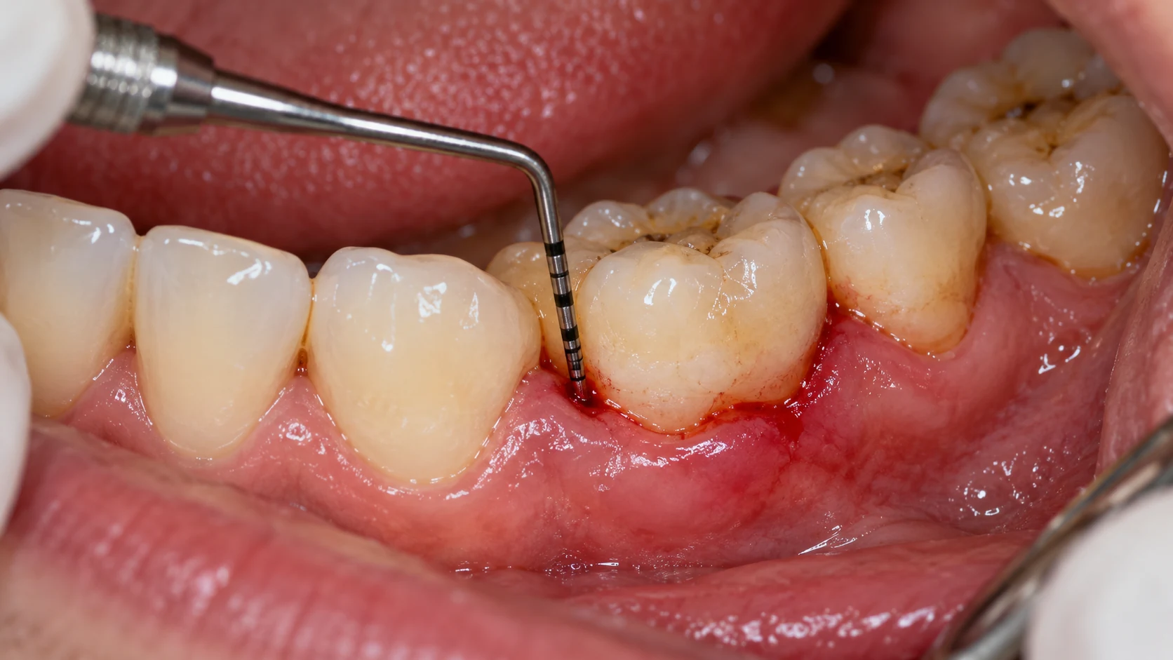 Sondaje periodontal en una zona posterior con signos de inflamación gingival