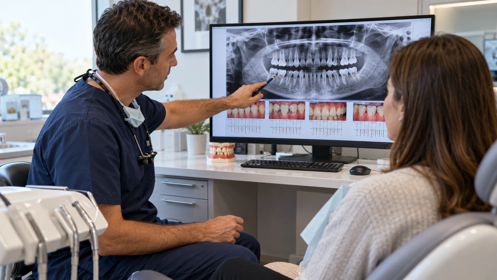 Explicación de radiografía panorámica y hallazgos periodontales de varias zonas durante una valoración