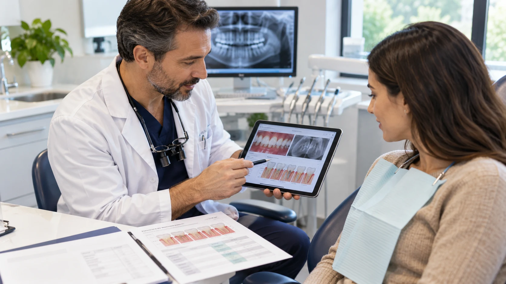 Profesional explicando hallazgos periodontales y un plan personalizado de tratamiento a una paciente