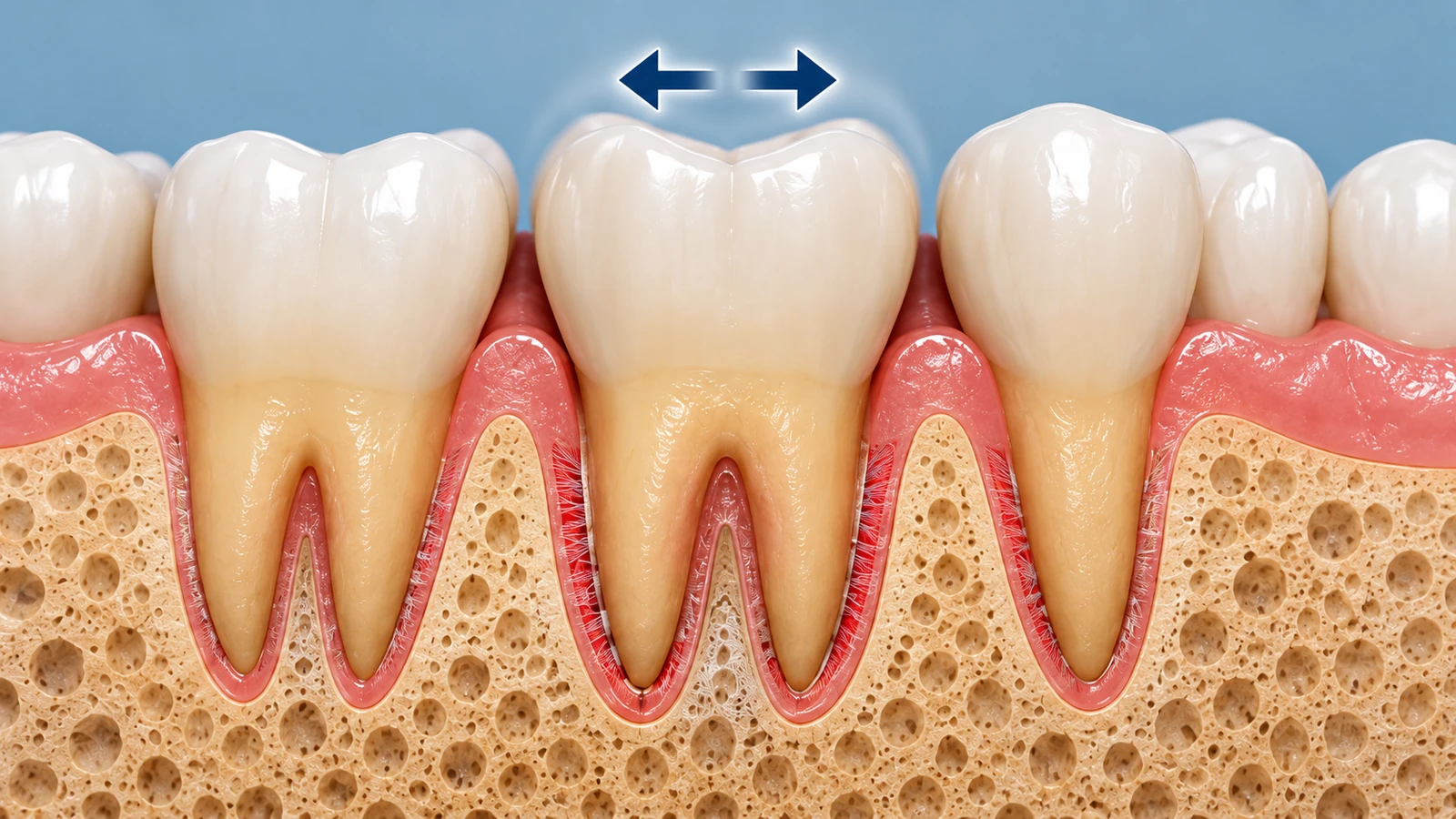 Ilustración anatómica de dientes, encía, ligamento periodontal y hueso mostrando una movilidad dental mínima