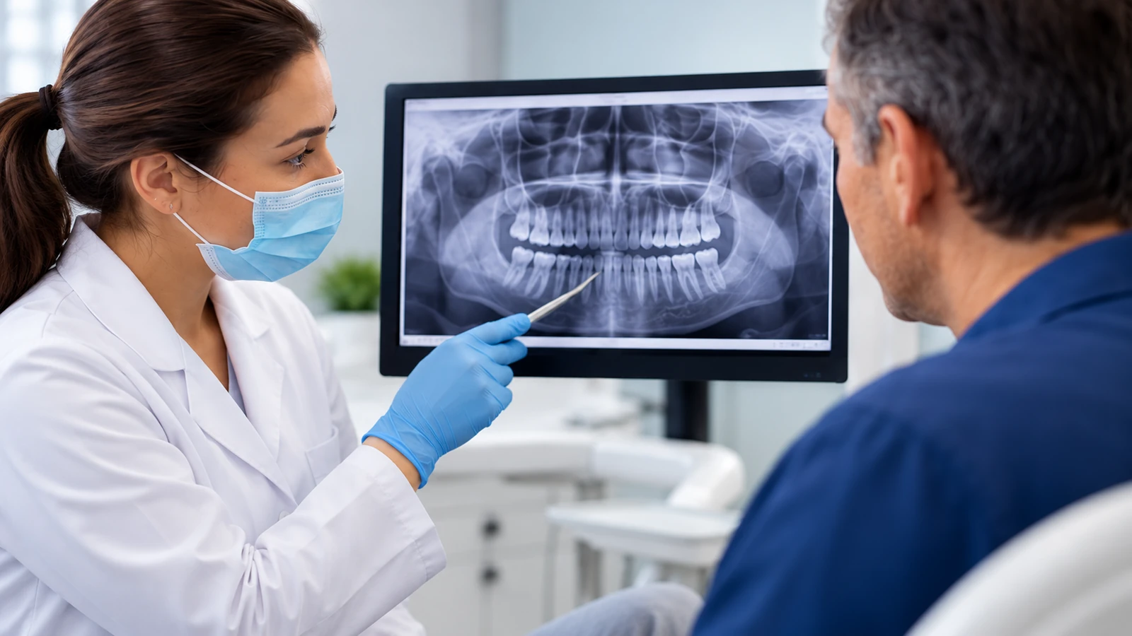 Profesional dental explicando una radiografía durante la valoración de la movilidad de un diente