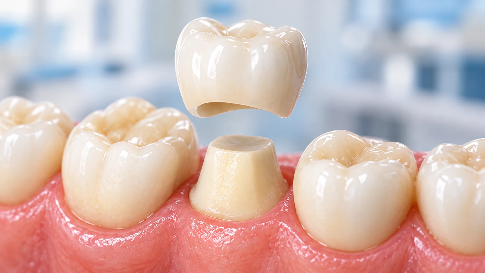 Corona dental sobre un diente natural preparado para recibir una restauración de cobertura completa