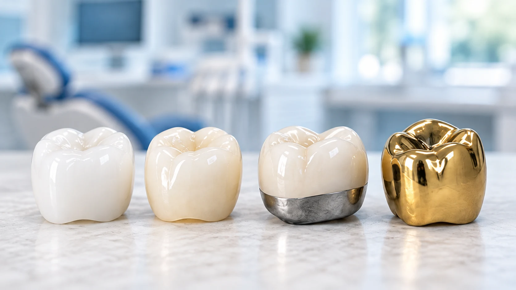 Ejemplos de coronas dentales fabricadas con diferentes familias de materiales