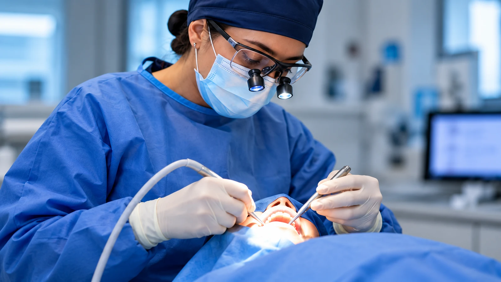 Profesional dental realizando un procedimiento de cirugía oral en un paciente