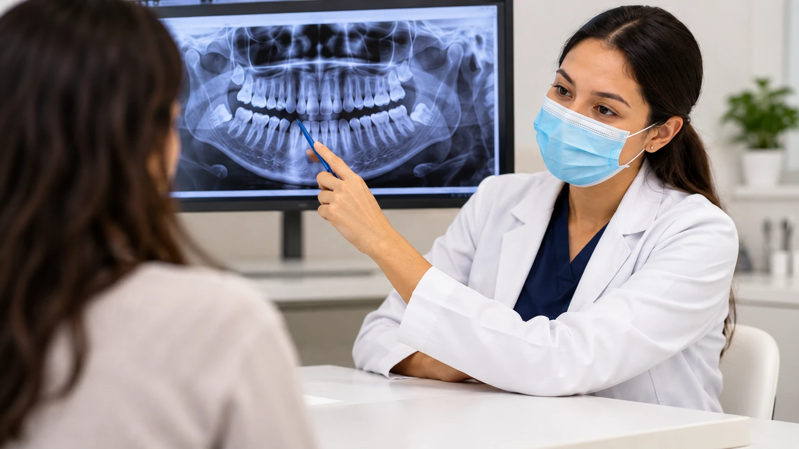 Profesional dental revisando una radiografía panorámica durante la valoración de cirugía oral