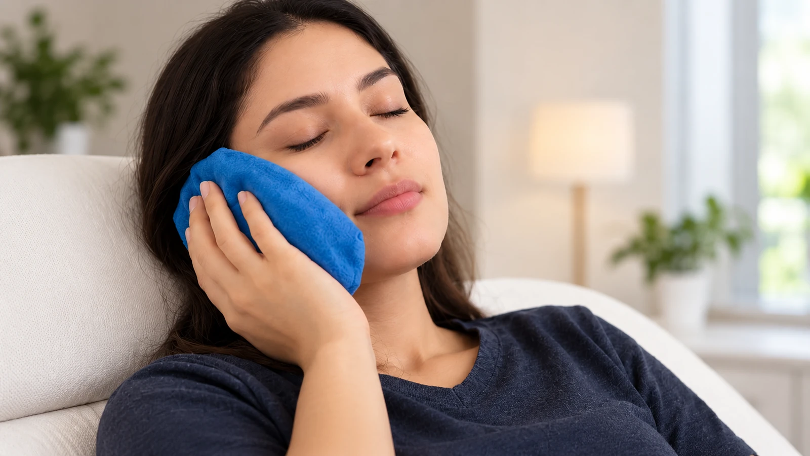 Paciente utilizando una compresa fría durante la recuperación después de un procedimiento dental